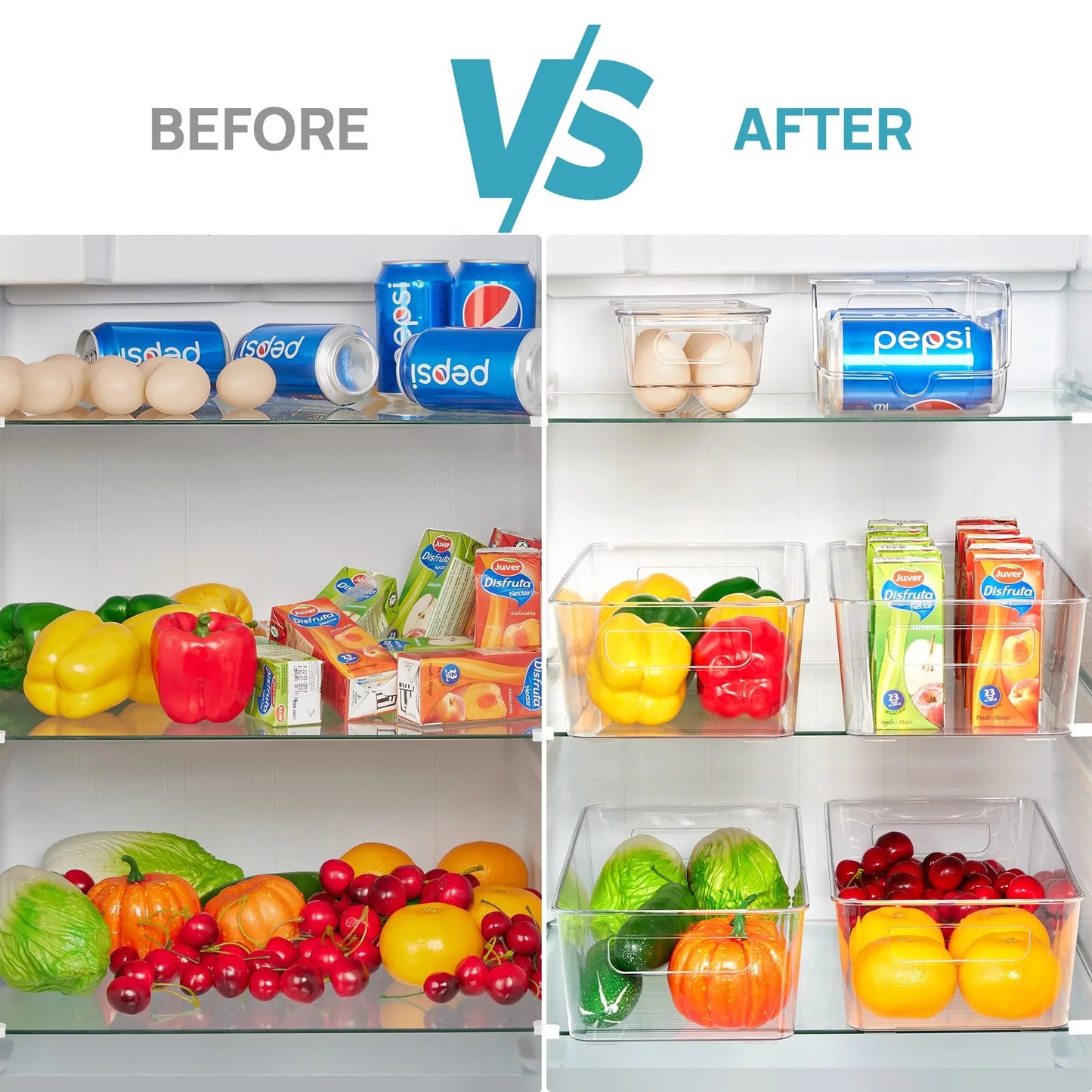 Set of 8 Refrigerator Organizer Bins, Clear Plastics Fridge Organizers and Storage with Handles