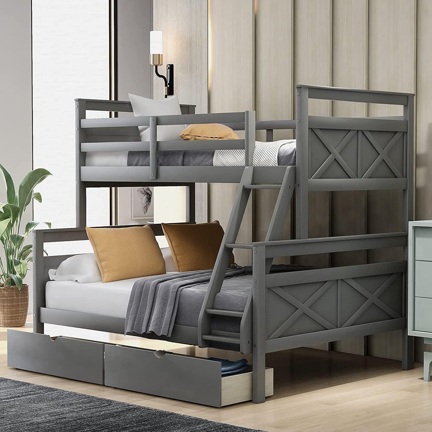 Twin over Full Bunk Bed with 2 Drawers, Solid Wood Bunk Bed Frame for Kids, Teens, Adults (Gray)