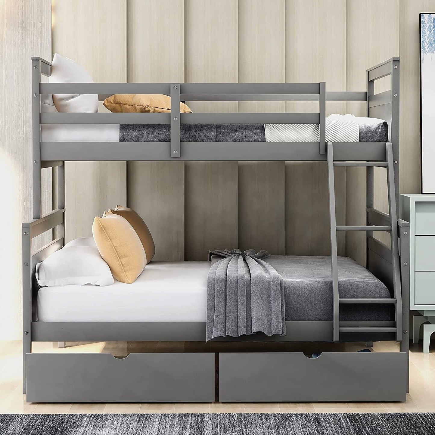 Twin over Full Bunk Bed with 2 Drawers, Solid Wood Bunk Bed Frame for Kids, Teens, Adults (Gray)