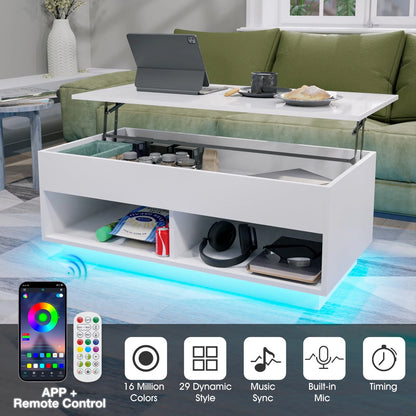 Lift Top Coffee Table with Hidden Compartment High Gloss LED Coffee Tables Center Rising Cocktail Table for Living Room Accent Furniture White Finish