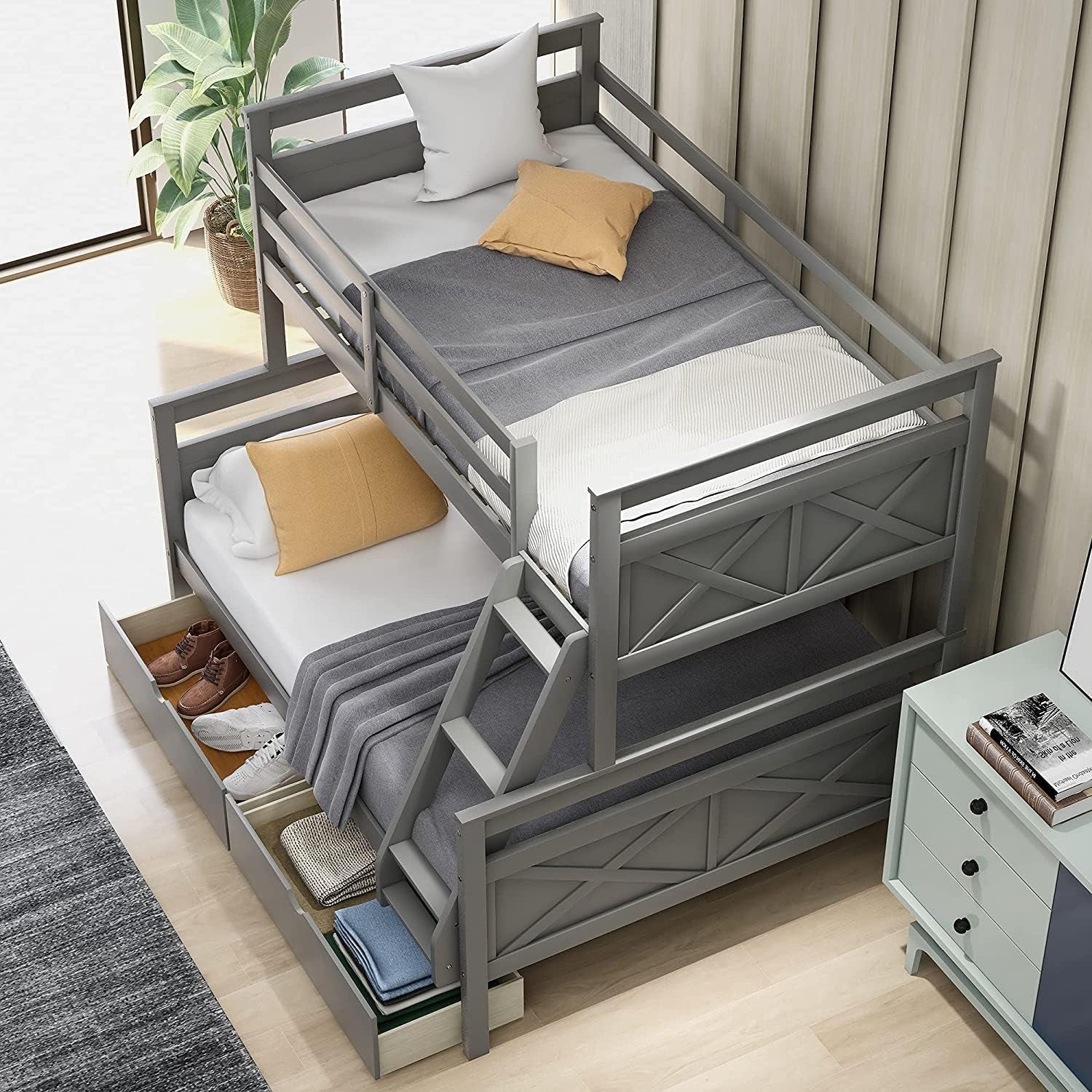 Twin over Full Bunk Bed with 2 Drawers, Solid Wood Bunk Bed Frame for Kids, Teens, Adults (Gray)