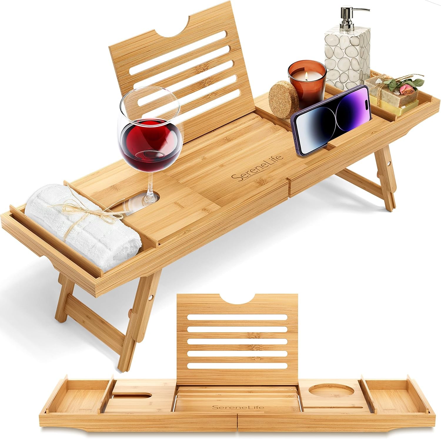 Bath Caddy Breakfast Tray Combo - Natural Bamboo Wood Waterproof Tub and Bed with Folding Slide-Out Arms, Device Grooves, Wine Glass Soap Holder