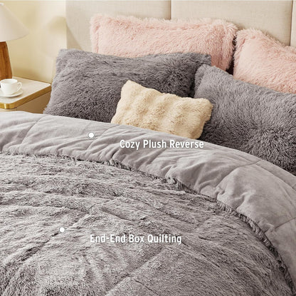 Malea 3 Piece Shaggy Faux Fur Comforter Set Solid Plush Double Sided Box Quilting Design, Modern Casual All Season Quilt Bedding with Matching Sham, King/Cal King, Grey 3 Piece