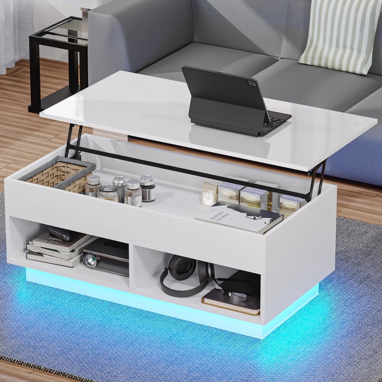 Lift Top Coffee Table with Hidden Compartment High Gloss LED Coffee Tables Center Rising Cocktail Table for Living Room Accent Furniture White Finish