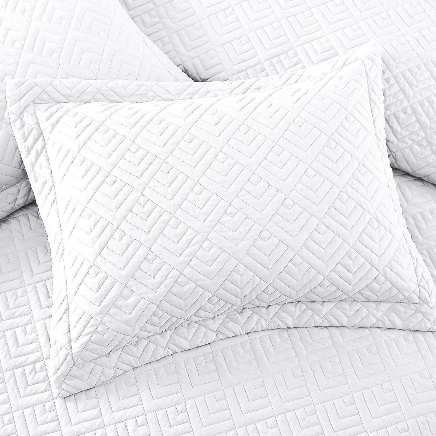 Summer Quilt Set Full/Queen Size White 3 Piece,Lightweight Microfiber Soft Coverlet Squares Pattern Bedspread Set for All Seasons(1 Quilt,2 Pillow Shams)