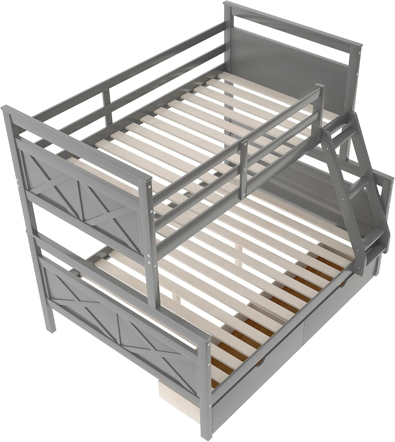 Twin over Full Bunk Bed with 2 Drawers, Solid Wood Bunk Bed Frame for Kids, Teens, Adults (Gray)