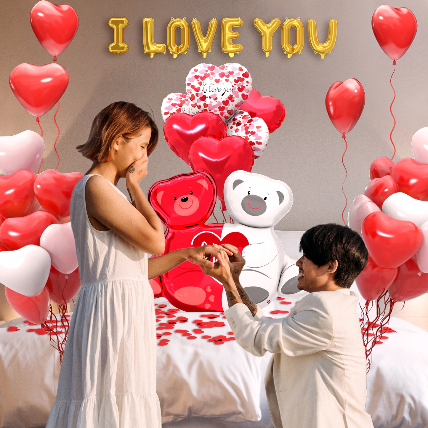 Valentines Day Balloons Kit - Heart Balloons Foil I Love You Balloons 500Pcs Rose Petals for Valentines Day Decorations