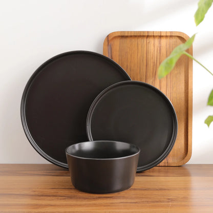 Stone + Lain Celina Stoneware Collection, round Dinnerware Set, 24-Piece Service for 8, Black Matte