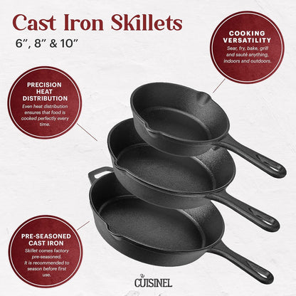 Cast Iron Skillet Set - 6"+8"+10"-Inch + Glass Lids + Silicone Handle Holder Covers - Pre-Seasoned Frying Pan - Oven Safe Cookware - Indoor/Outdoor, Grill, BBQ, Fire, Stovetop, Induction Safe