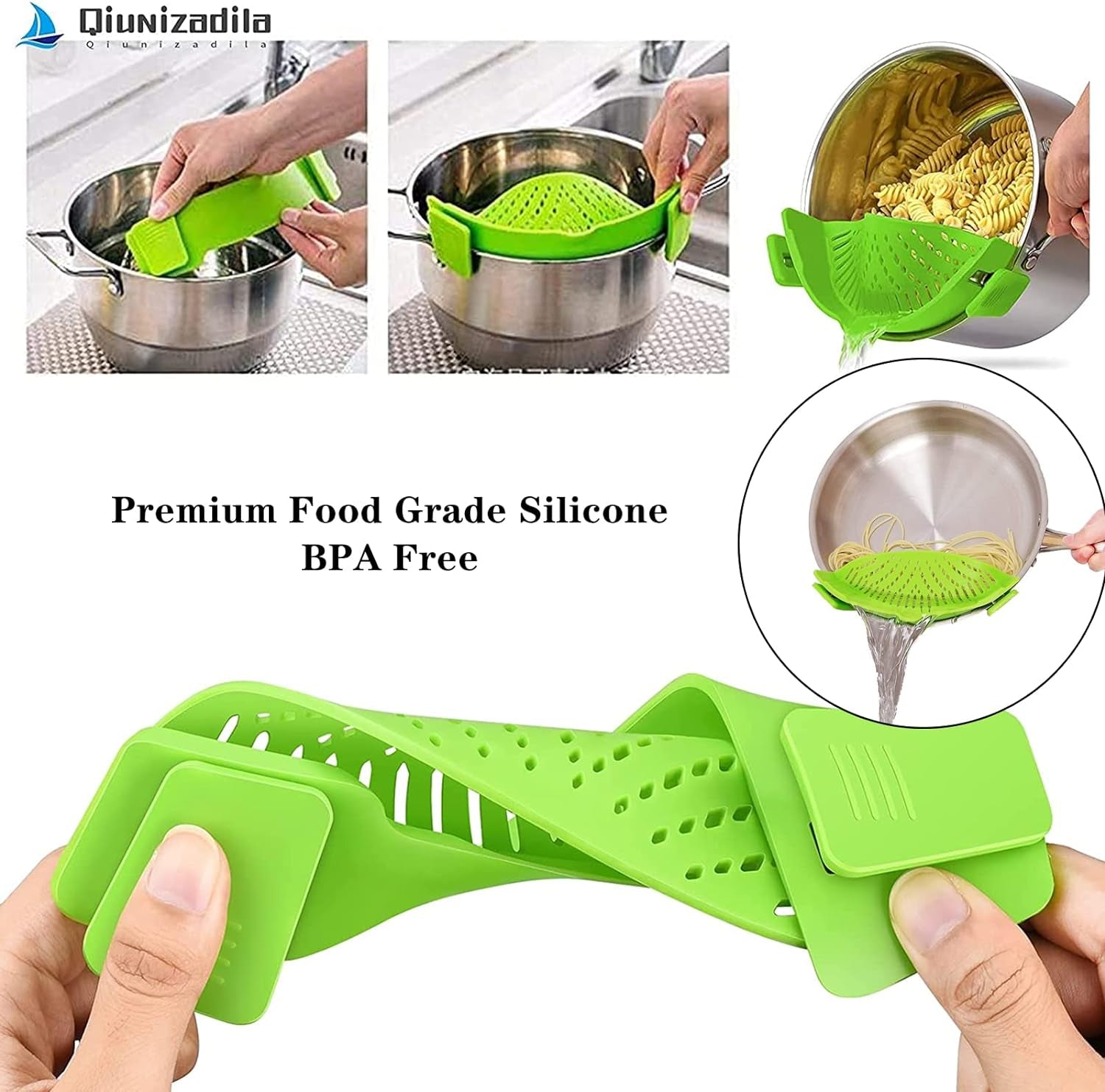 2 Pcs Clip on Strainer, Pot Strainer for Pasta Meat Vegetables Fruit, Silicone Strainer - Fit All Pots Bowls.