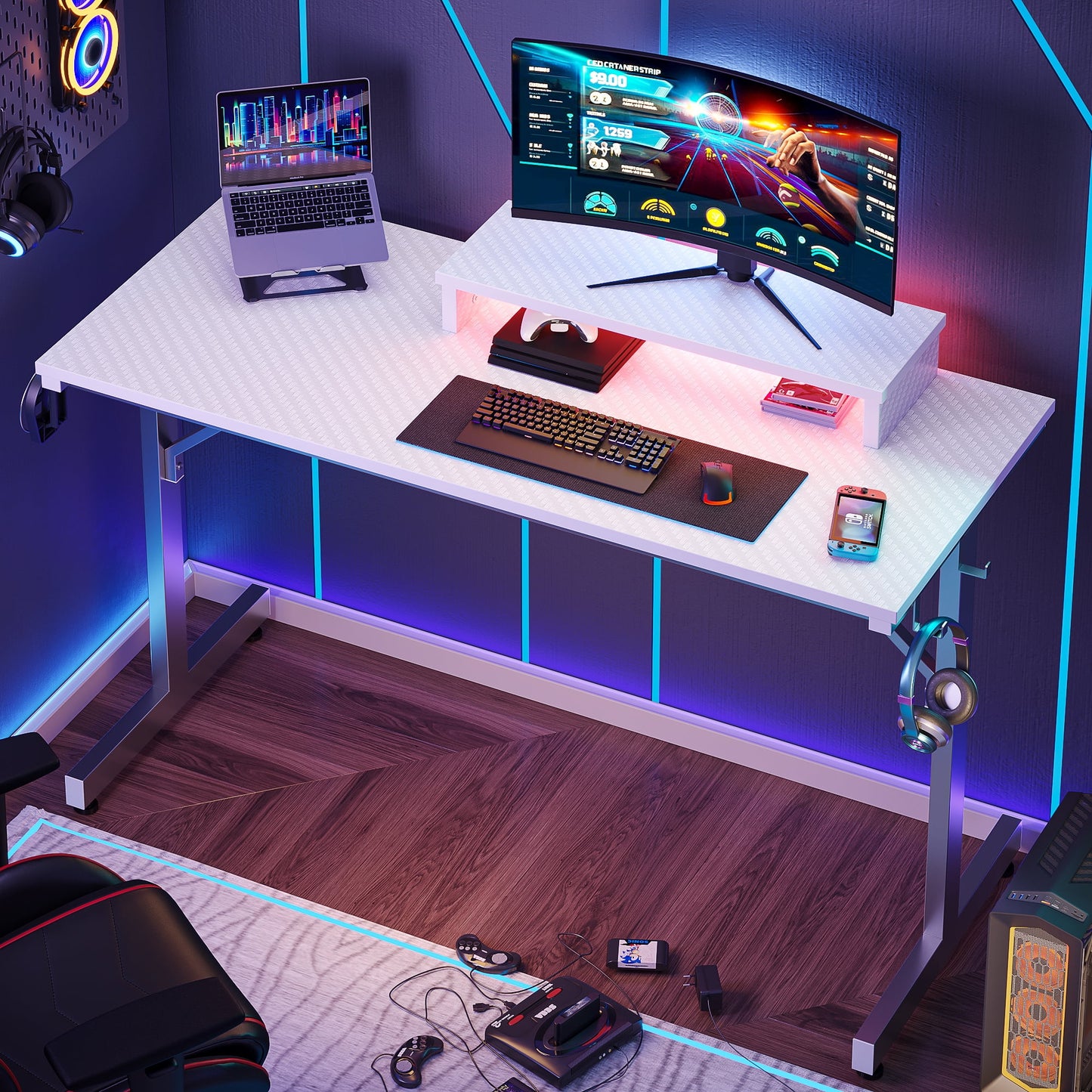 42 Inch LED Gaming Desk with Monitor Stand PC Computer Gamer Home Office Table in White