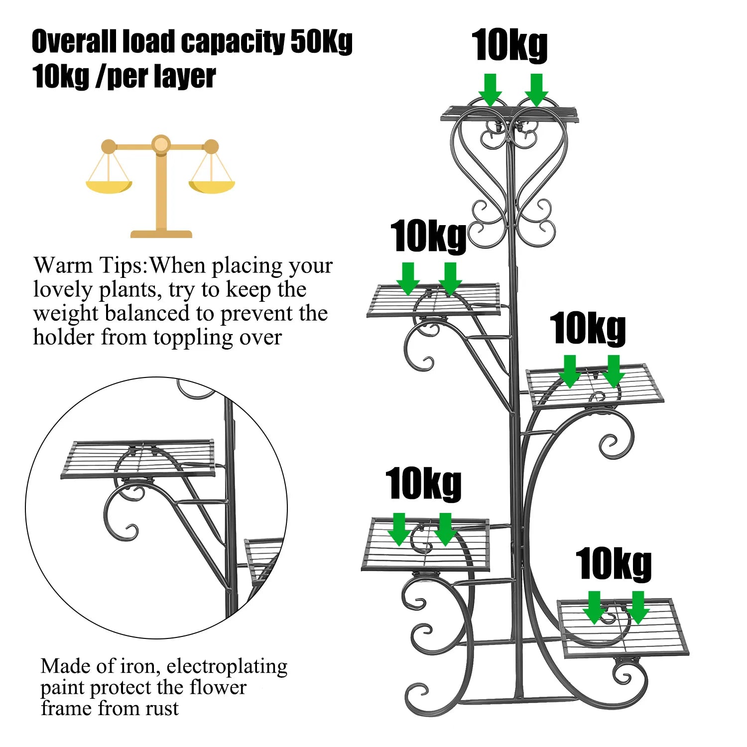 5 Tiered Tall Plant Stand Indoor Iron Planter Shelf Rack Garden Metal Flower Pots Display Holder Outdoor