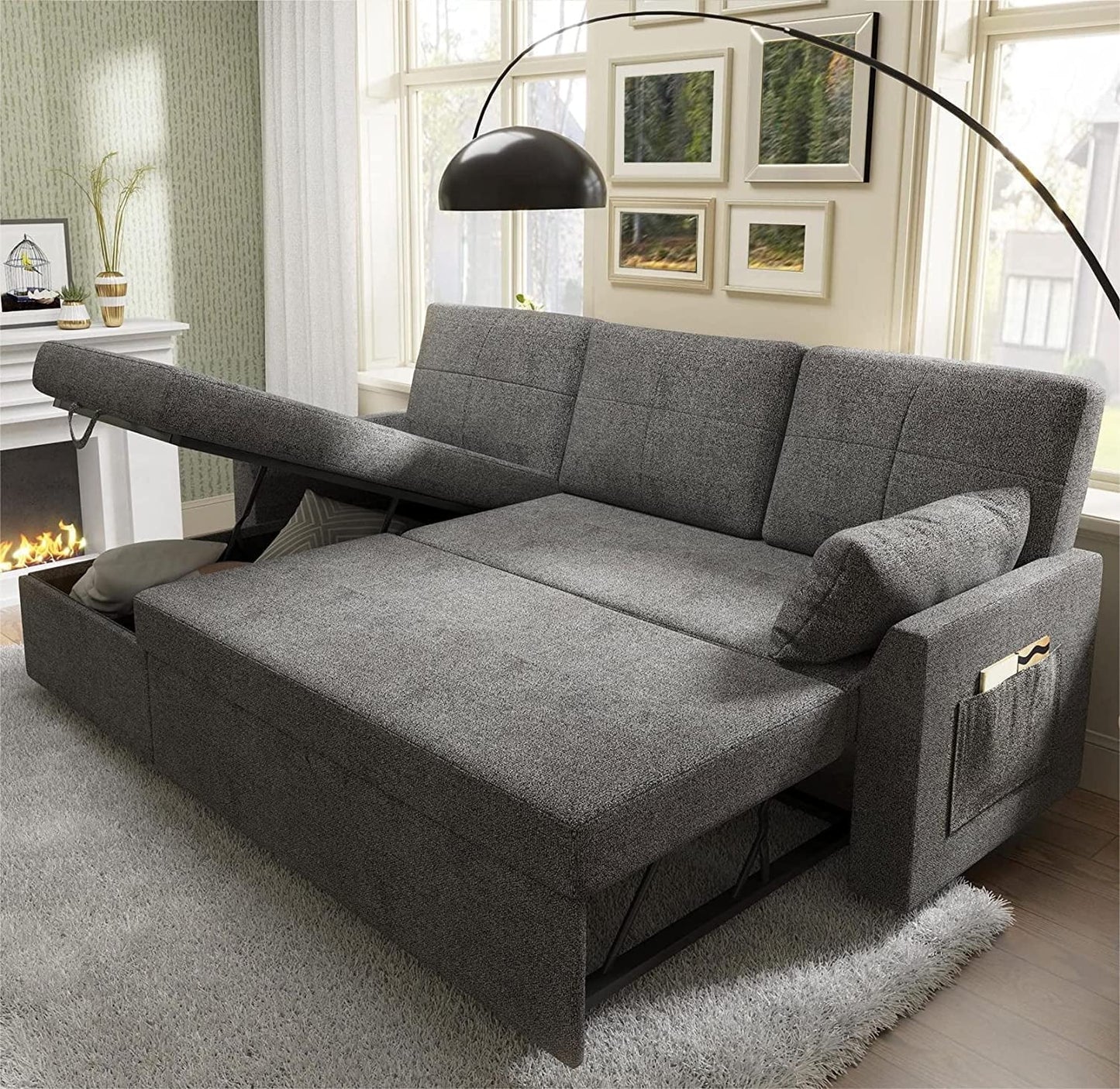 Sofa Bed, Sleeper Sofa with Storage Chaise, Pull Out Couch for Living Room- Gray Chenille