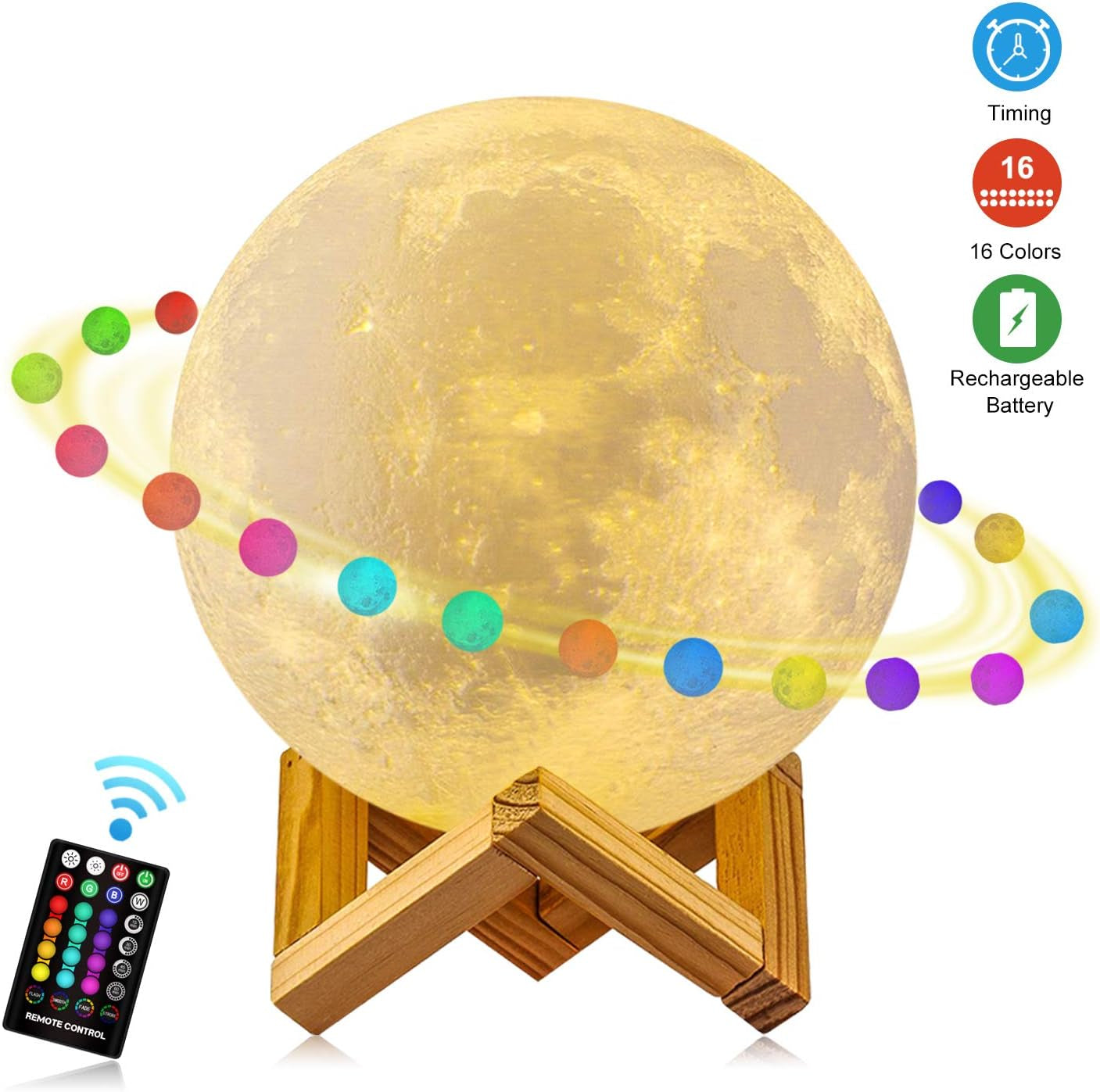 Moon Lamp, 9.6 Inches 16 Colors Moon Night Light with Stand & Remote &Touch Control and USB Rechargeable Decorative Luna Lamp