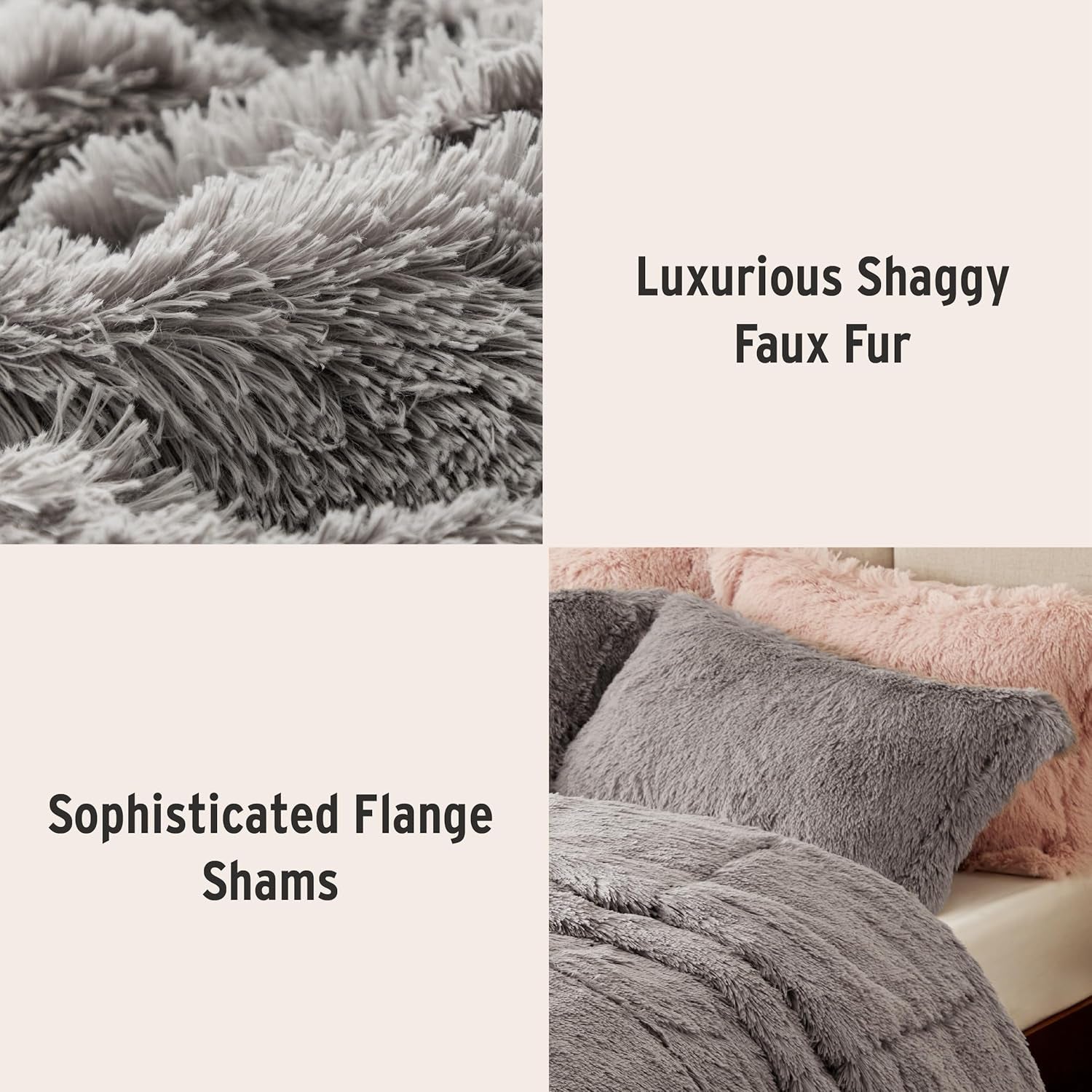 Malea 3 Piece Shaggy Faux Fur Comforter Set Solid Plush Double Sided Box Quilting Design, Modern Casual All Season Quilt Bedding with Matching Sham, King/Cal King, Grey 3 Piece