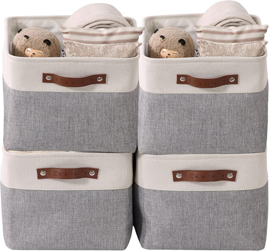 Storage Bins | Fabric Storage Basket for Shelves for Organizing Closet Shelf Nursery Toy | Decorative Large Linen Closet Organizers with Handles Cubes (Grey and White, Large - 4 Pack)