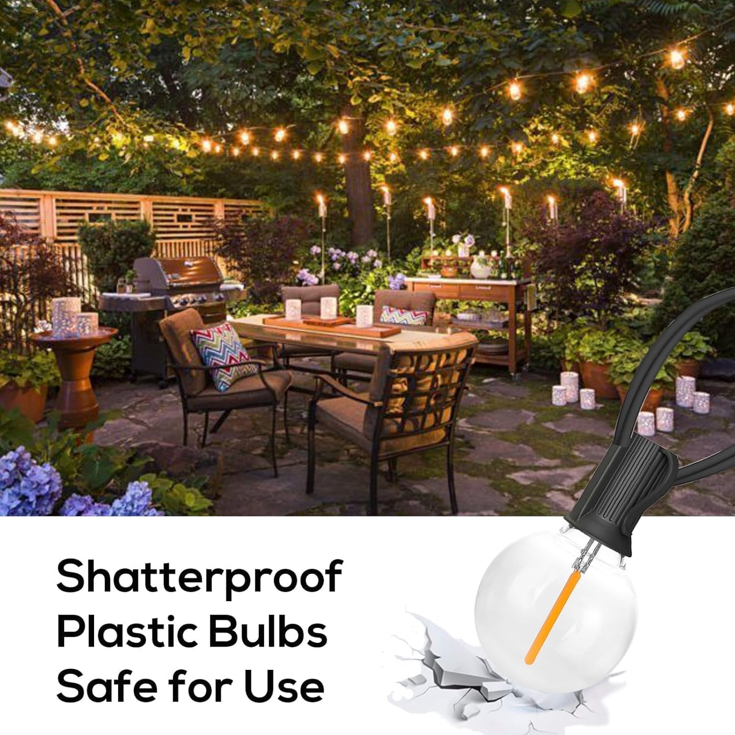 29FT Globe Outdoor String Lights, Shatterproof Patio Lights with 15 Dimmable Plastic Bulbs, Waterproof Hanging Lights String for Porch Backyard Cafe, E12 Socket Base