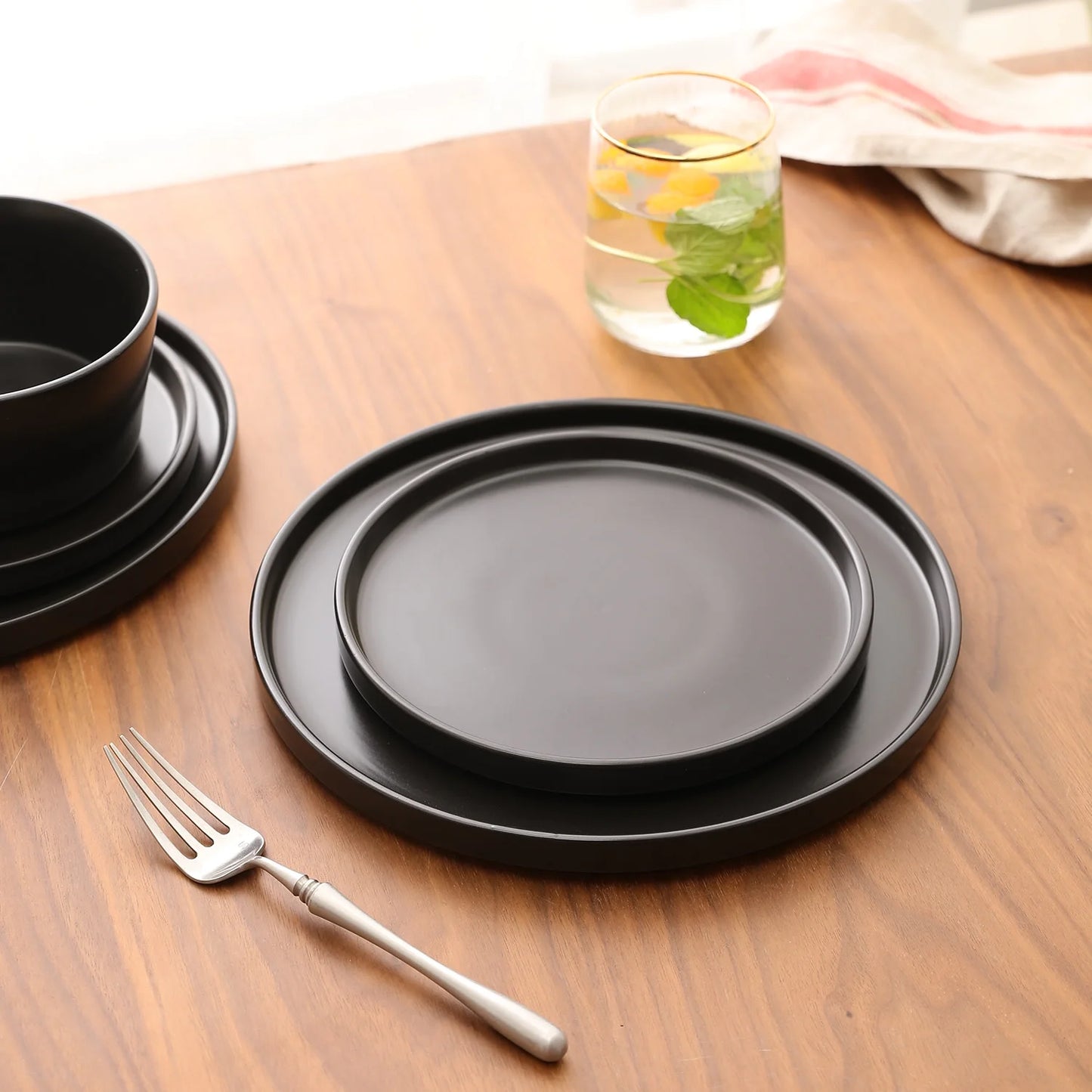 Stone + Lain Celina Stoneware Collection, round Dinnerware Set, 24-Piece Service for 8, Black Matte