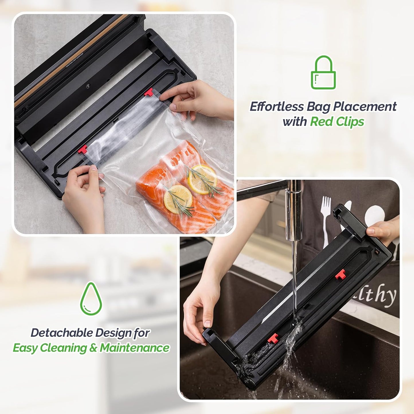 Vacuum Sealer, Automatic Vacuum Sealer Machine with Built-In Cutter, Compact Design for Dry and Moist Food with Starter Kit Bags and Rolls, Black