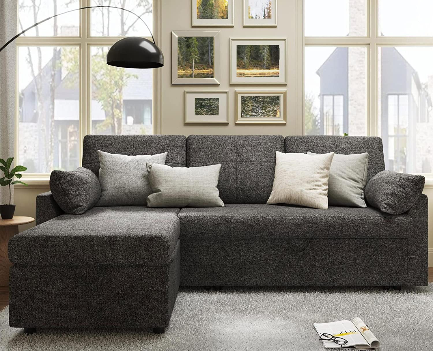 Sofa Bed, Sleeper Sofa with Storage Chaise, Pull Out Couch for Living Room- Gray Chenille