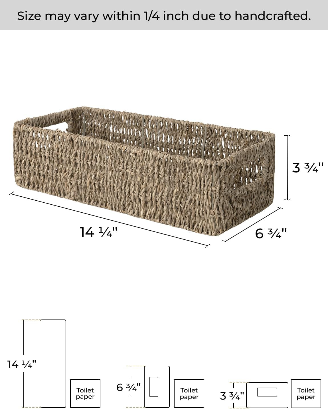 Seagrass Baskets with Built-In Handles, Bathroom Decor Box for Toilet Tank Top, 14 ¼"L X 6 ½"W X 3 ¾"H