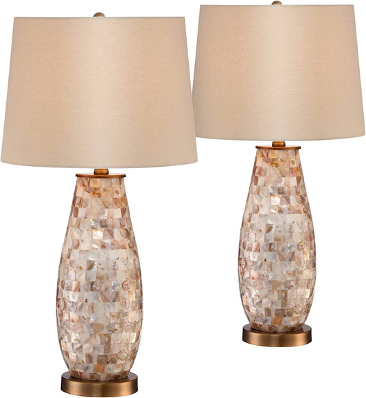 Kylie Country Cottage Coastal Table Lamps 26.5" High Set of 2 Mother of Pearl Tile Vase Beige Fabric Drum Shade Decor for Living Room Bedroom House Bedside Nightstand Home