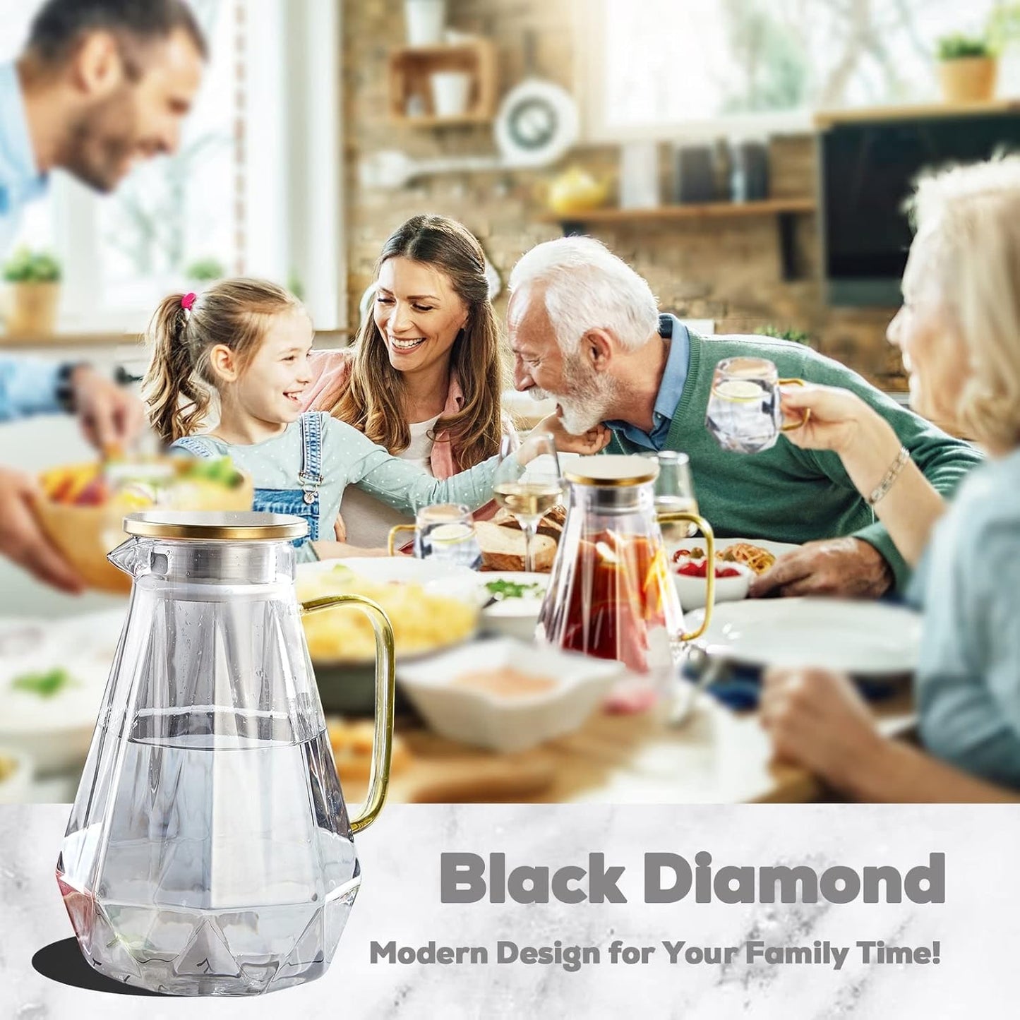 Black Diamond Glass Pitcher with Lid & Spout (68 Oz), Modern Design Water Pitcher with Handle, High Durability Glass Jug for Fridge, Glass Carafe for Iced Tea/Juice/Beverage/Coffee/Drinks