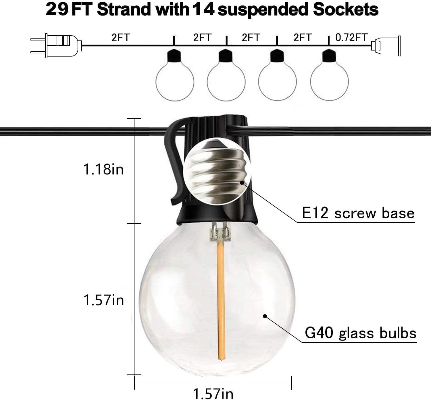 29FT Globe Outdoor String Lights, Shatterproof Patio Lights with 15 Dimmable Plastic Bulbs, Waterproof Hanging Lights String for Porch Backyard Cafe, E12 Socket Base