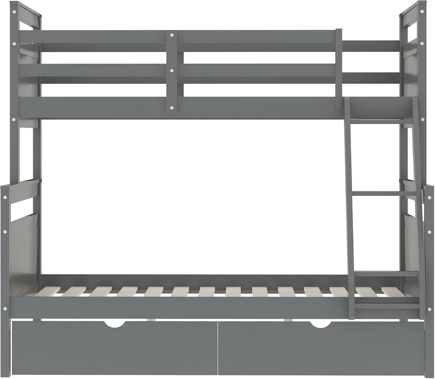 Twin over Full Bunk Bed with 2 Drawers, Solid Wood Bunk Bed Frame for Kids, Teens, Adults (Gray)