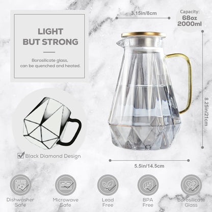 Black Diamond Glass Pitcher with Lid & Spout (68 Oz), Modern Design Water Pitcher with Handle, High Durability Glass Jug for Fridge, Glass Carafe for Iced Tea/Juice/Beverage/Coffee/Drinks