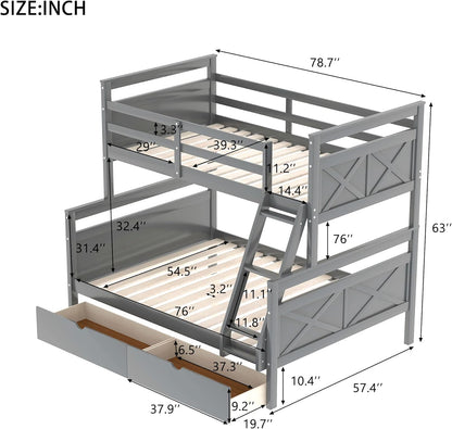 Twin over Full Bunk Bed with 2 Drawers, Solid Wood Bunk Bed Frame for Kids, Teens, Adults (Gray)