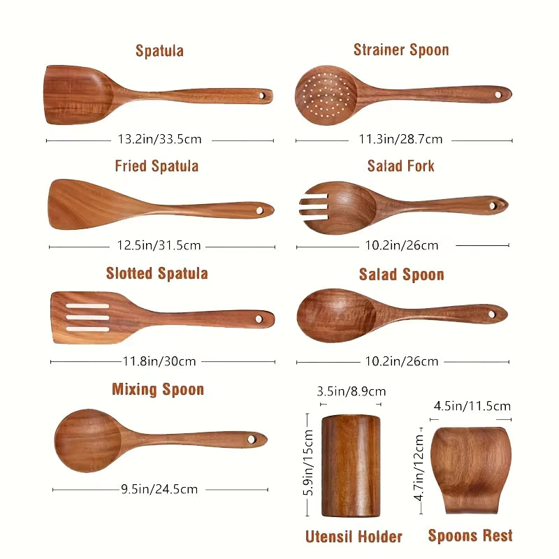 4/7/9PCS Wooden Spoons for Cooking Wooden Utensils for Cooking with Utensils Holder Teak Wooden Kitchen Utensils Set