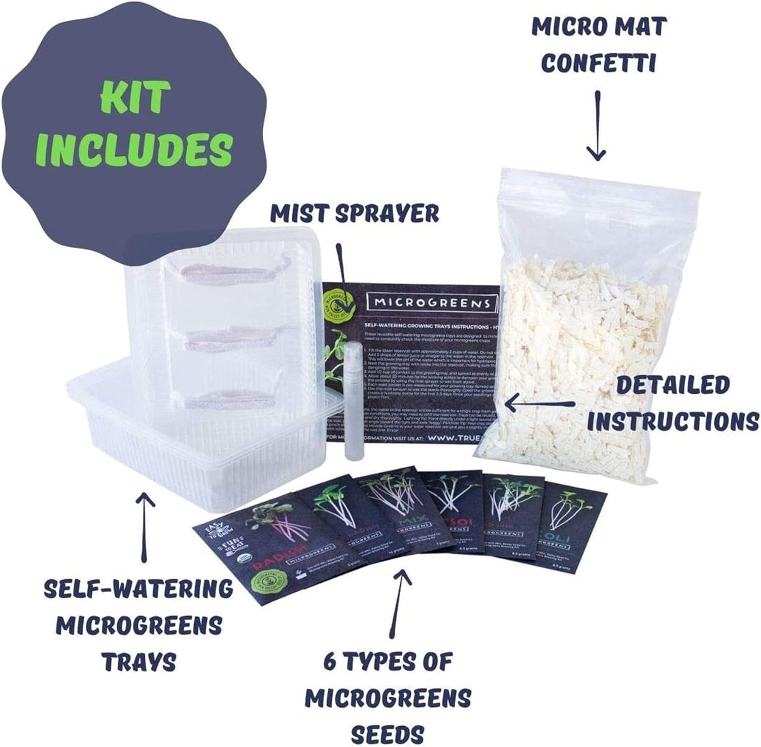 Self Watering Indoor Microgreens Kit - Complete Soil Microgreens Growing Kit for Vegetable Seeds & Herb Seeds - Black Sunflower Seeds, Pea Shoots Microgreen Seeds, Swiss Chard Seeds, & Cilantro Seeds