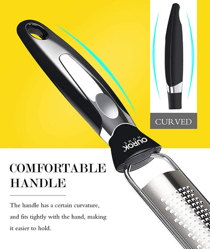 Kitchen Lemon Zester Grater, Stainless Steel Handheld Fine Zester Tool for Lemon, Nutmeg, Parmesan Cheese, Chocolate, Ginger, Coconut, Citrus, Orange, Lime with Cleaning Brush (Black)