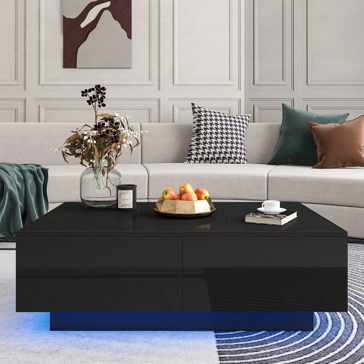 Coffee Table with 4 Drawers LED Center Table Sofa Side Tea Tables Black High Gloss Finish