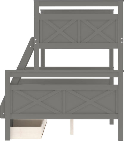 Twin over Full Bunk Bed with 2 Drawers, Solid Wood Bunk Bed Frame for Kids, Teens, Adults (Gray)