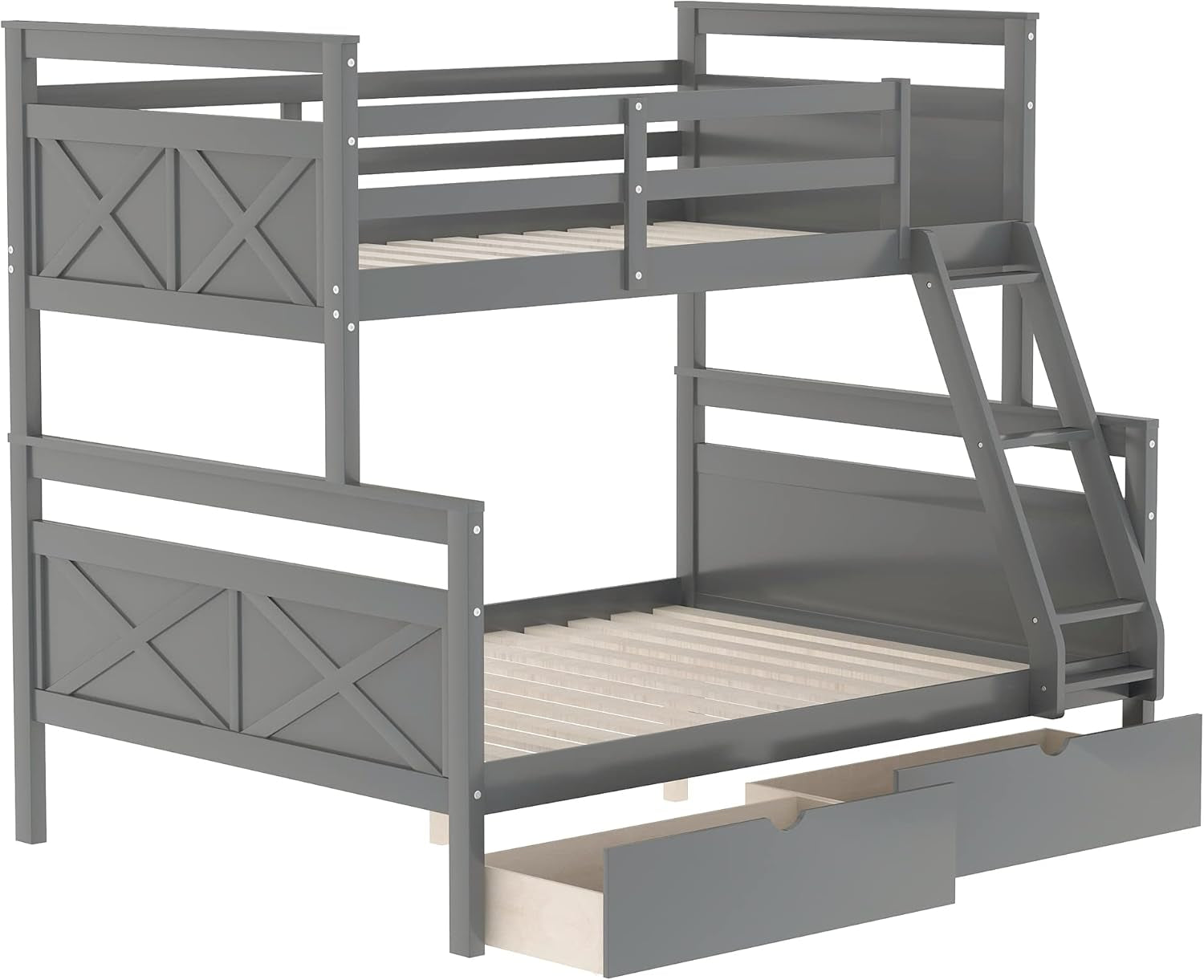 Twin over Full Bunk Bed with 2 Drawers, Solid Wood Bunk Bed Frame for Kids, Teens, Adults (Gray)