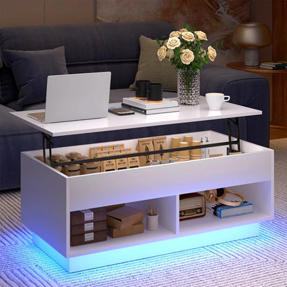 Lift Top Coffee Table with Hidden Compartment High Gloss LED Coffee Tables Center Rising Cocktail Table for Living Room Accent Furniture White Finish