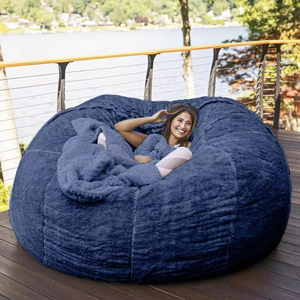 7-Foot Bean Bag Chair with Furry Fur Cover Machine Washable Big Size Sofa and Giant Lounger Furniture